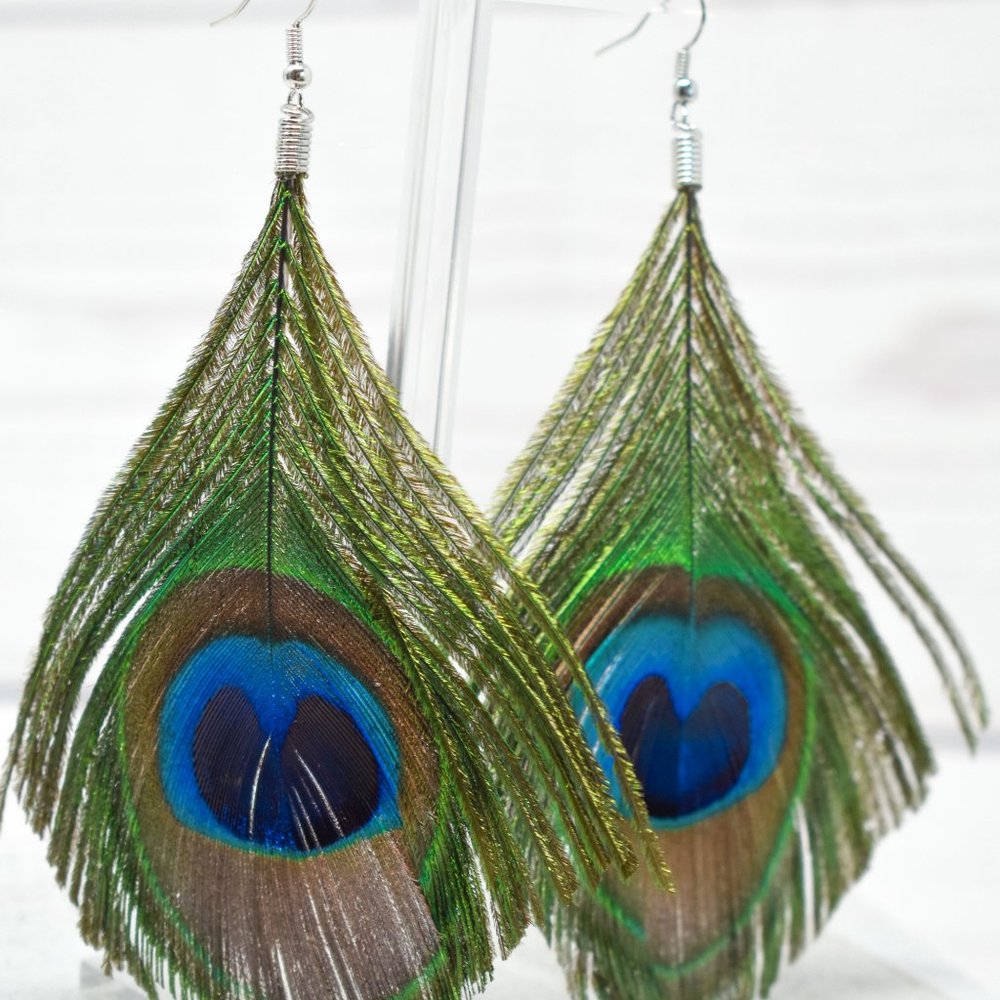 3.5" Drop Peacock Feather Dangle Earrings - Picture 4 of 12